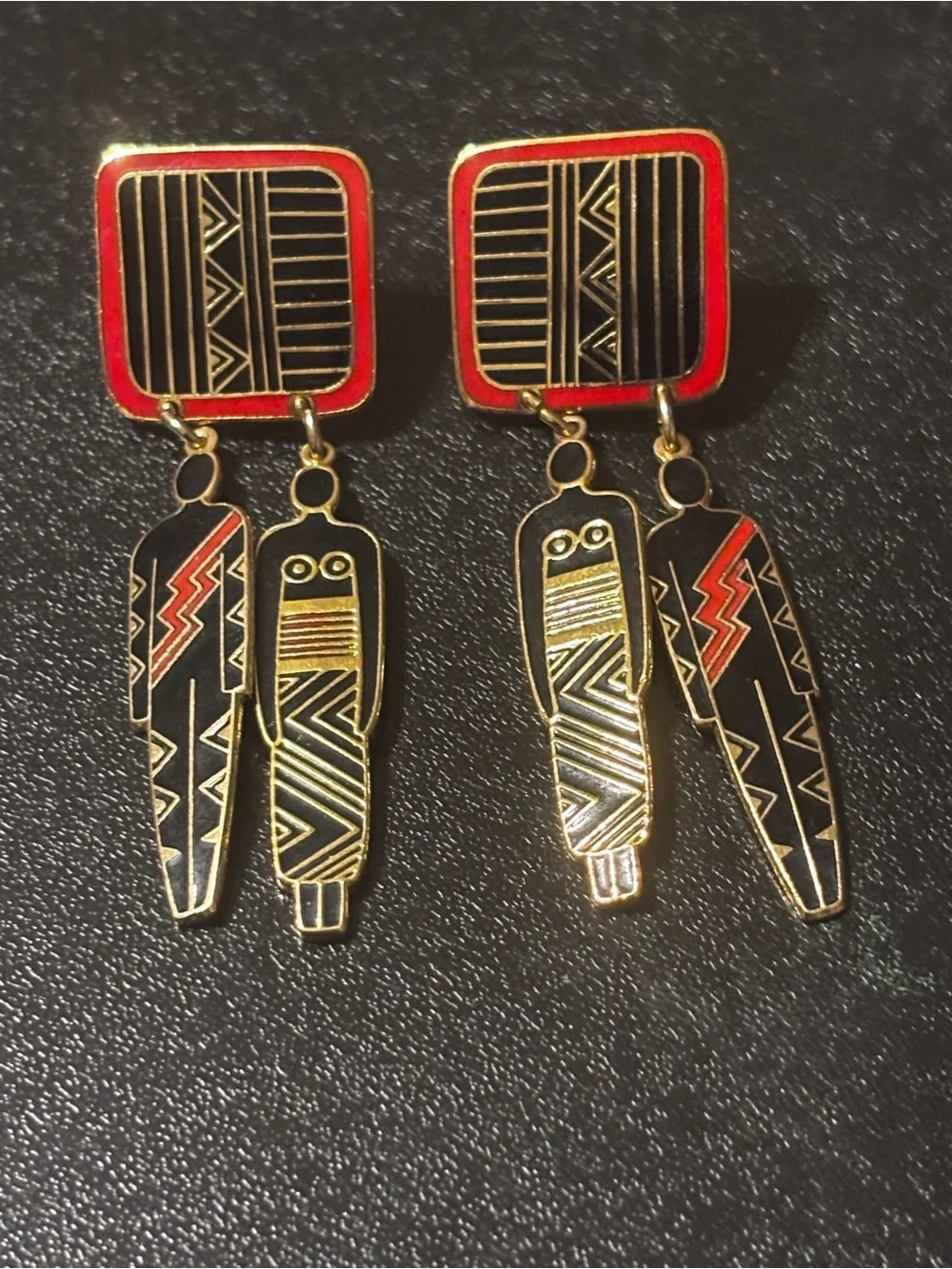 Laurel Burch Black and Red Tribal Figure Drop Earrings Friends Woman Man Tribal - Picture 11 of 11